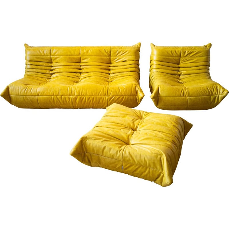 Set of vintage 3-seater sofa and chaise longue with pouffe Togo leather by Michel Ducaroy for Ligne Roset