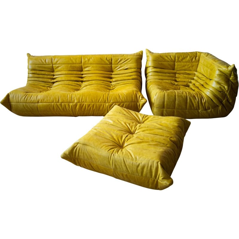 Set of vintage 3-seater sofa and corner armchair with pouffe Togo leather  by Michel Ducaroy for Ligne Roset