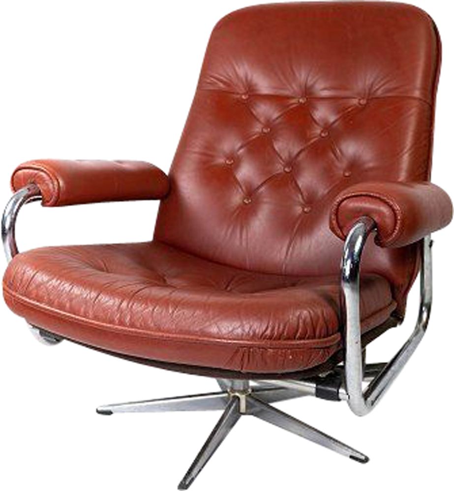Mid Century Armchair Upholstered With Red Leather And Frame Of Metal Danish 1960s Design Market
