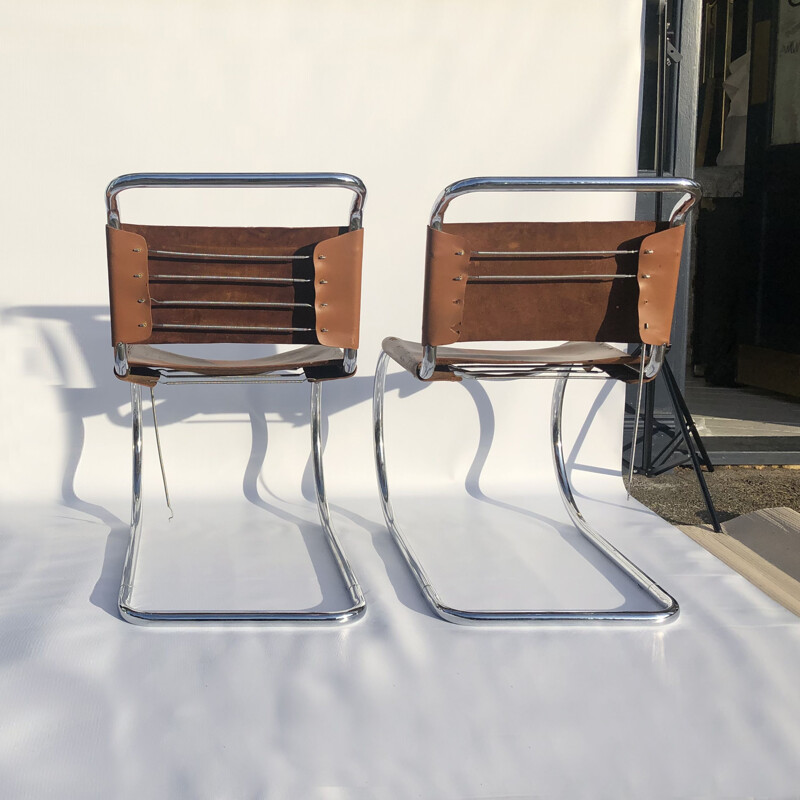 Set of 4 chrome Art deco dining chairs mid century by Mies van der Rohe MR10, 1960s