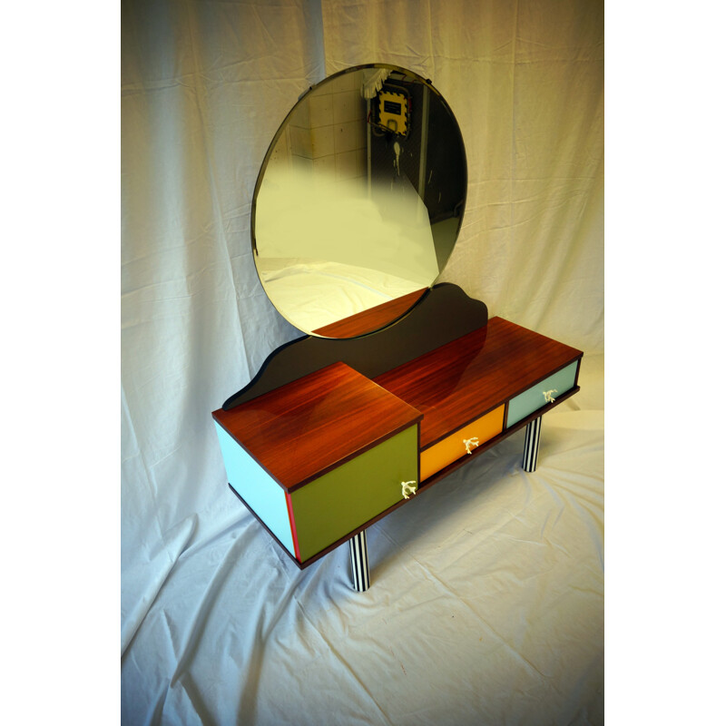 Dressing table in multicolored wood and metal with round mirror - 1960s
