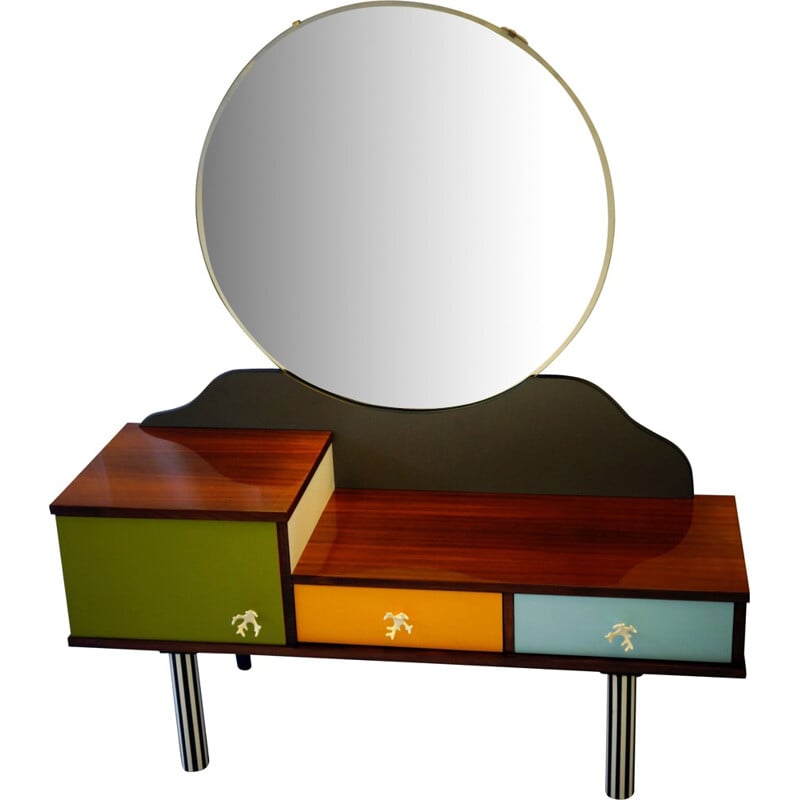 Dressing table in multicolored wood and metal with round mirror - 1960s