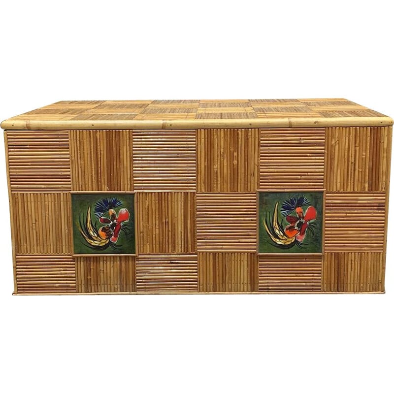 Vintage Audoux Minet bamboo and ceramic chest, 1960s
