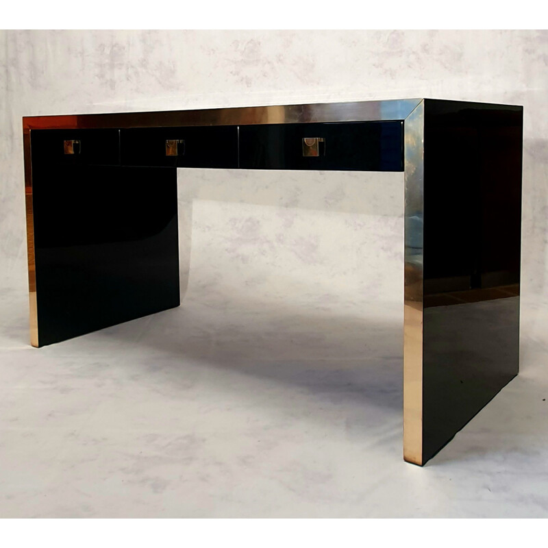 Vintage desk in lacquered wood & brass by Jean Claude Mahey, France 1970s