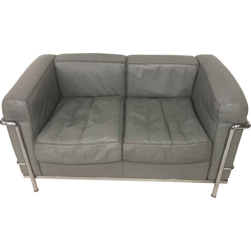 LC2 vintage sofa in pearl grey leather by Le Corbusier for Cassina, 1970