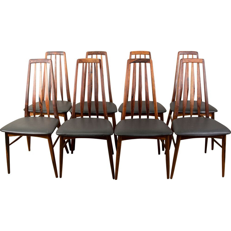 Set of 8 vintage Danish chairs in rosewood and leather model Eva by Niels Koefoed, 1960