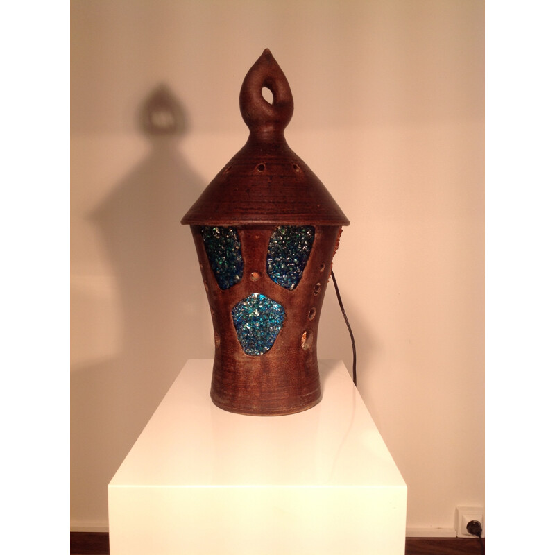Large French Accolay lantern in glazed ceramic and resin - 1950s