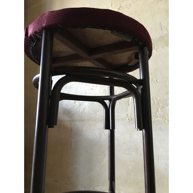 Set of 3 bar stools in metal and purple velvet - 1960s