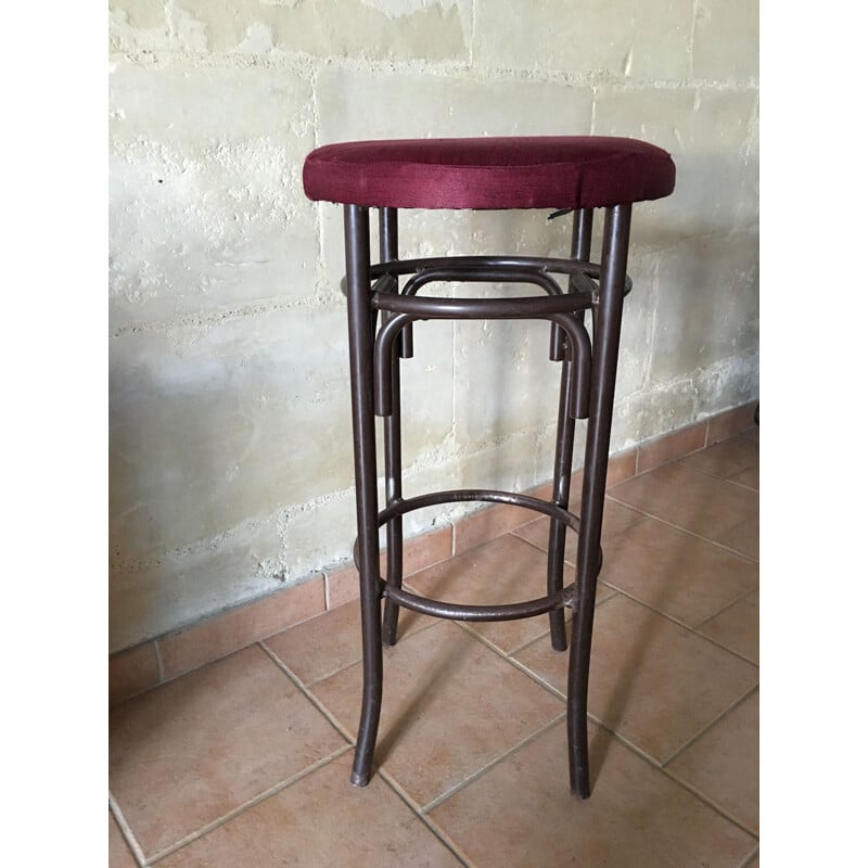 Set of 3 bar stools in metal and purple velvet - 1960s