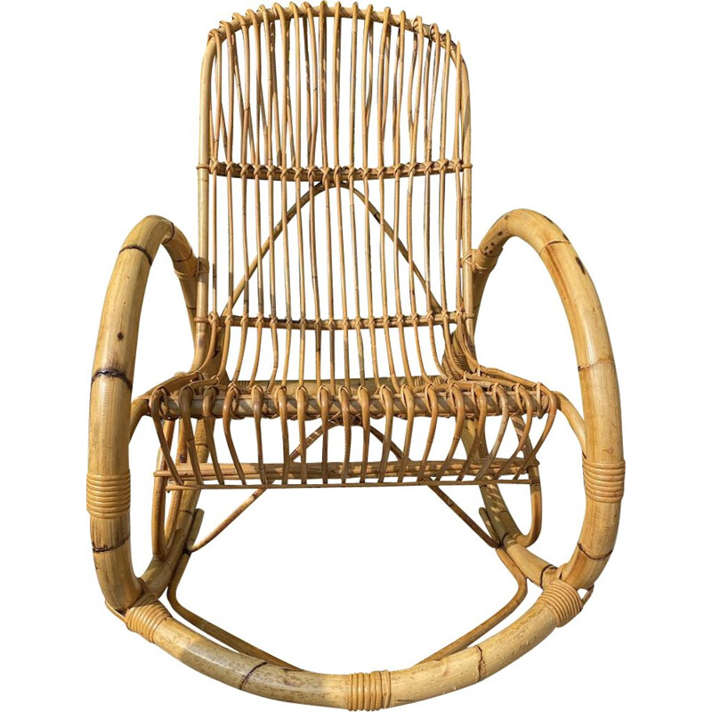 Vintage bamboo and rattan rocking chair by Francos Albini, 1950
