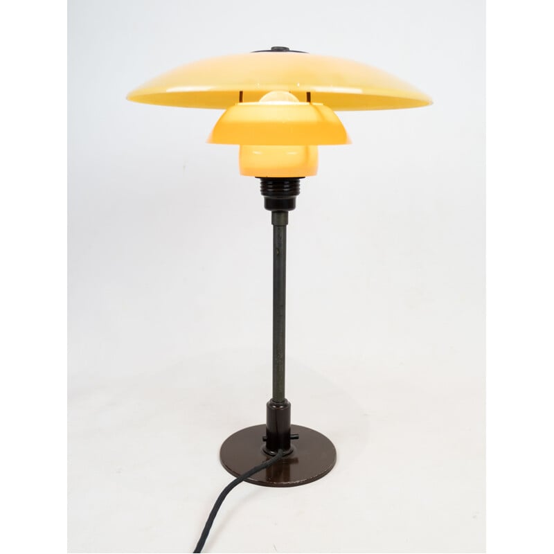 Vintage PH 3-12 2-12 table lamp with burnished metal frame and yellow matt opal shades, 1933