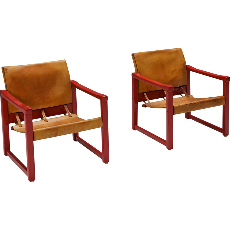 Pair of vintage cognac leather safari armchair model Diana by Karin Mobring for Ikea, Sweden 1970s