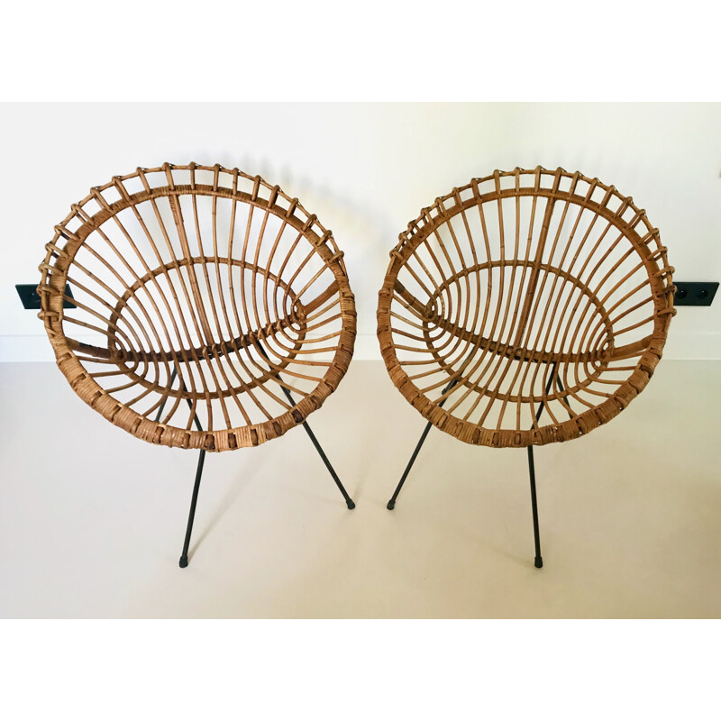 Pair of vintage rattan armchairs by Franco Albini, Italy 1960