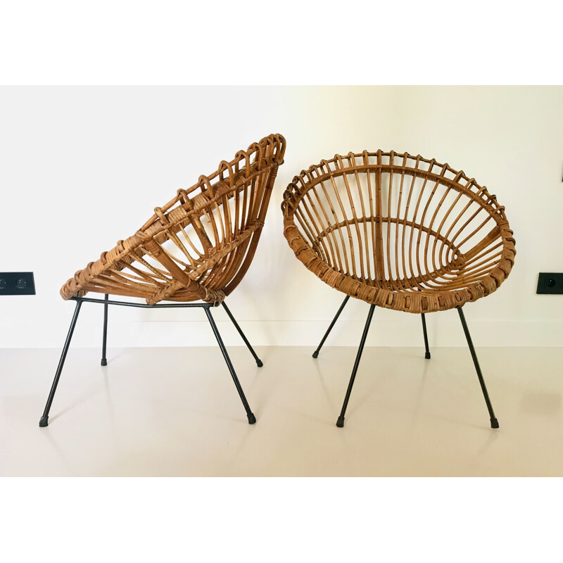 Pair of vintage rattan armchairs by Franco Albini, Italy 1960