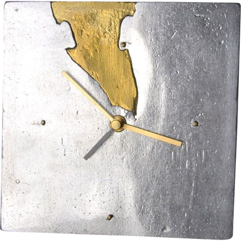 Vintage Art3 Brutalist clock in brass & aluminium, Spain 1980