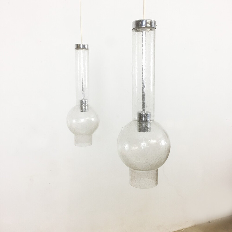 Pair of Staff tubes pendant lights in handblown glass - 1970s