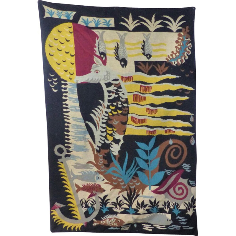 Vintage canvas tapestry with seahorse, 1950 
