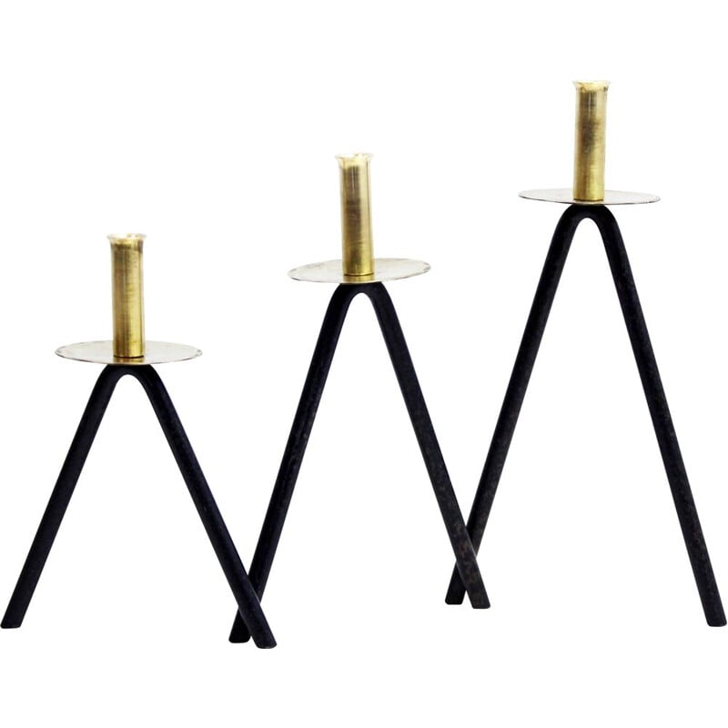 Set of 3 vintage metal and brass candlesticks, 1970