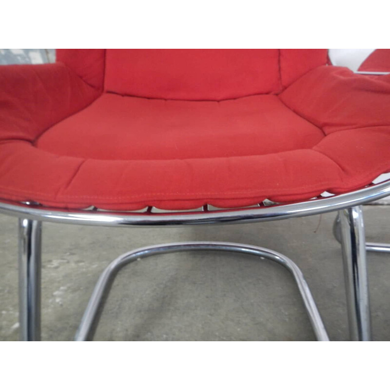 Pair of vintage Rima armchairs in chromed metal and red fabric