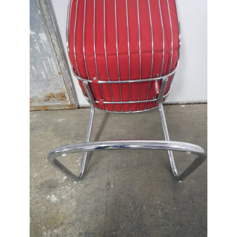 Pair of vintage Rima armchairs in chromed metal and red fabric