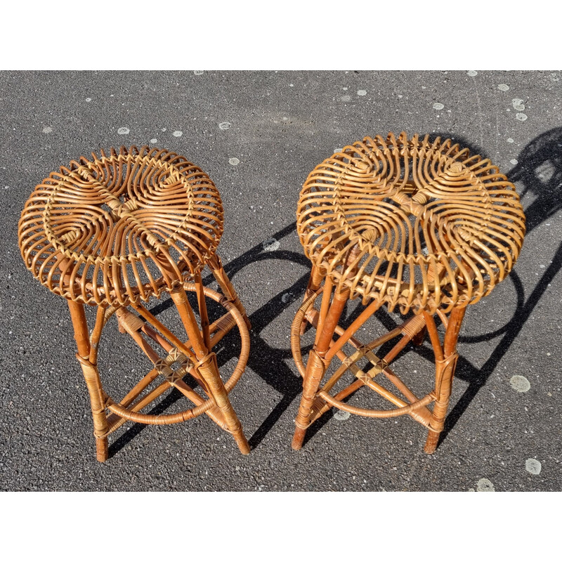 Set of 4 vintage wood and rattan bar stools by Franco Albini, 1950