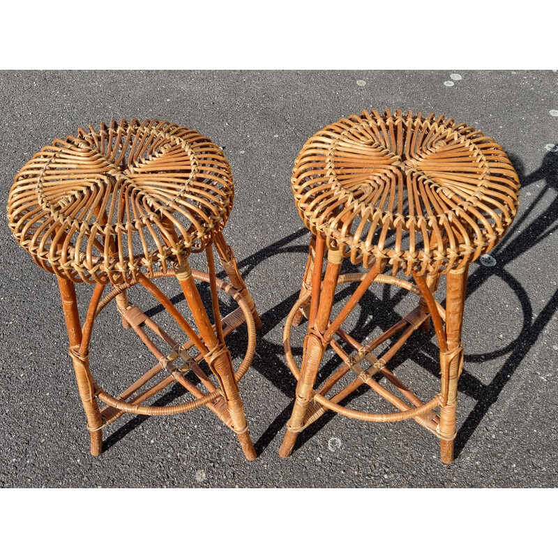 Set of 4 vintage wood and rattan bar stools by Franco Albini, 1950