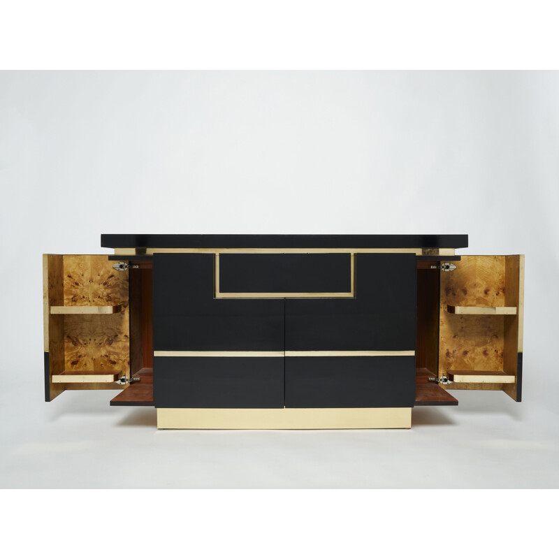 Vintage black lacquer and brass lowboard by Jean Claude Mahey for Roche Bobois, 1970