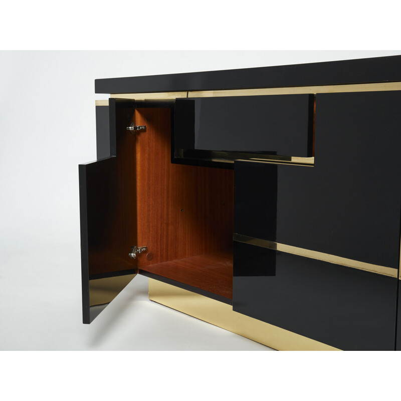 Vintage black lacquer and brass lowboard by Jean Claude Mahey for Roche Bobois, 1970