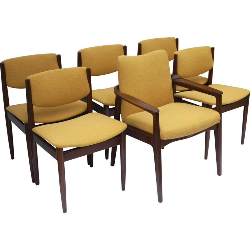 Set of vintage 5 dining chairs and armchair by Finn Juhl and Carver by Sigvard Bernadotte for France and Son, 1960s
