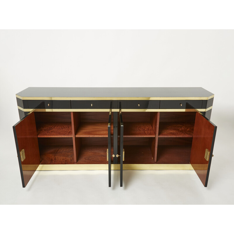 Vintage black lacquer and brass sideboard by J.C. Mahey for Maison Romeo, 1970