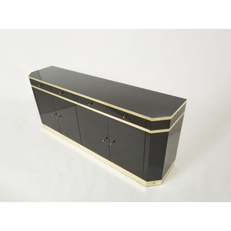 Vintage black lacquer and brass sideboard by J.C. Mahey for Maison Romeo, 1970