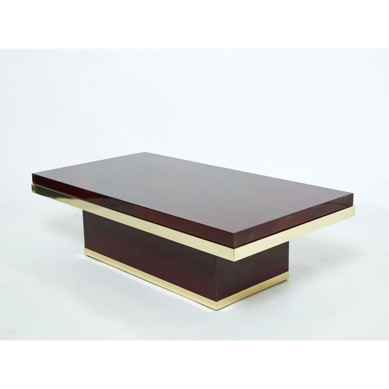 Vintage coffee table in red brass lacquer by Jean Claude Mahey for Roche Bobois, 1970