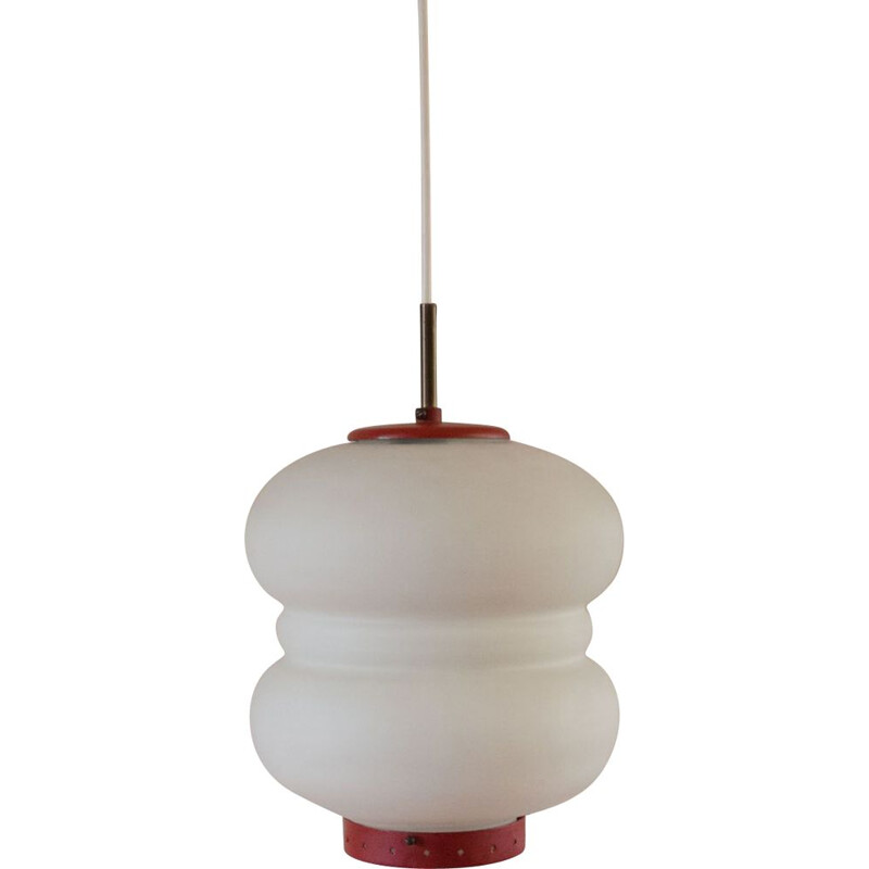 Vintage opaline glass with red accent pendant lamp by Bent Karlby