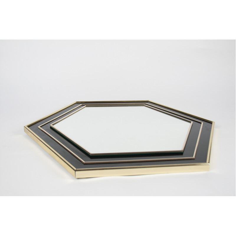 Vintage French hexagonal gold-plated & black lacquered mirror by Jean Claude Mahey, 1970s