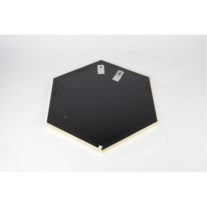 Vintage French hexagonal gold-plated & black lacquered mirror by Jean Claude Mahey, 1970s
