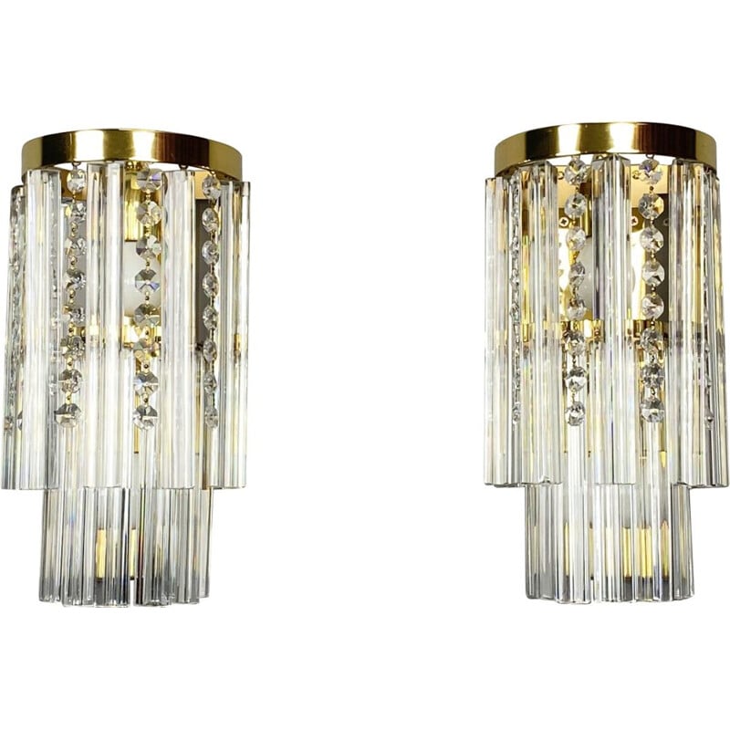 Pair of vintage wall lamps with Murano crystal glass by J.T. Kalmar Vienna, Austria