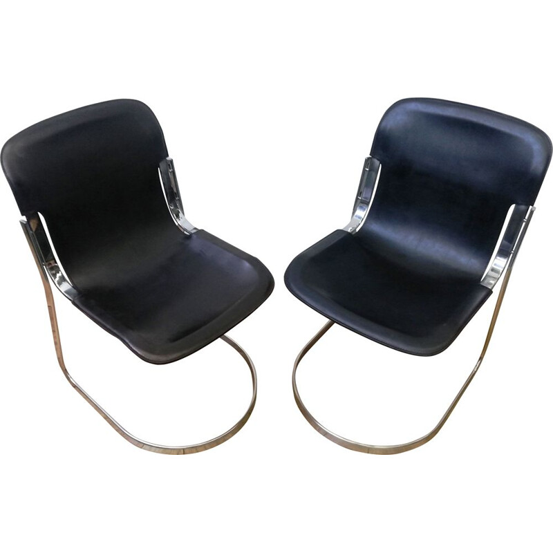 Vintage C2 chair in black leather by Willy Rizzo, Italy 1970