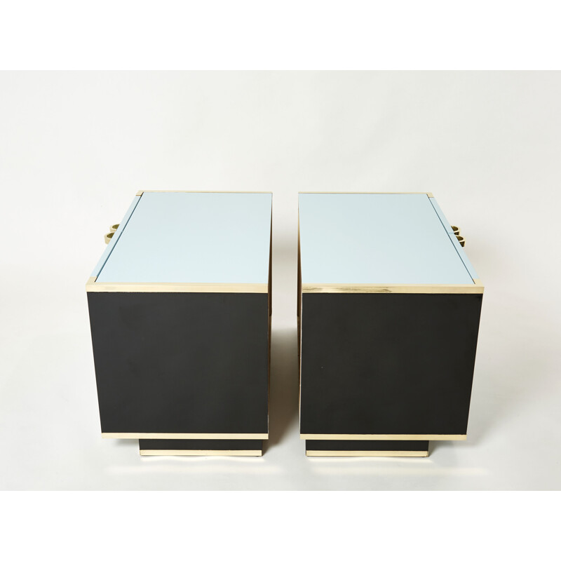Pair of blue and black lacquered brass cabinets by J.C. Mahey, 1970s