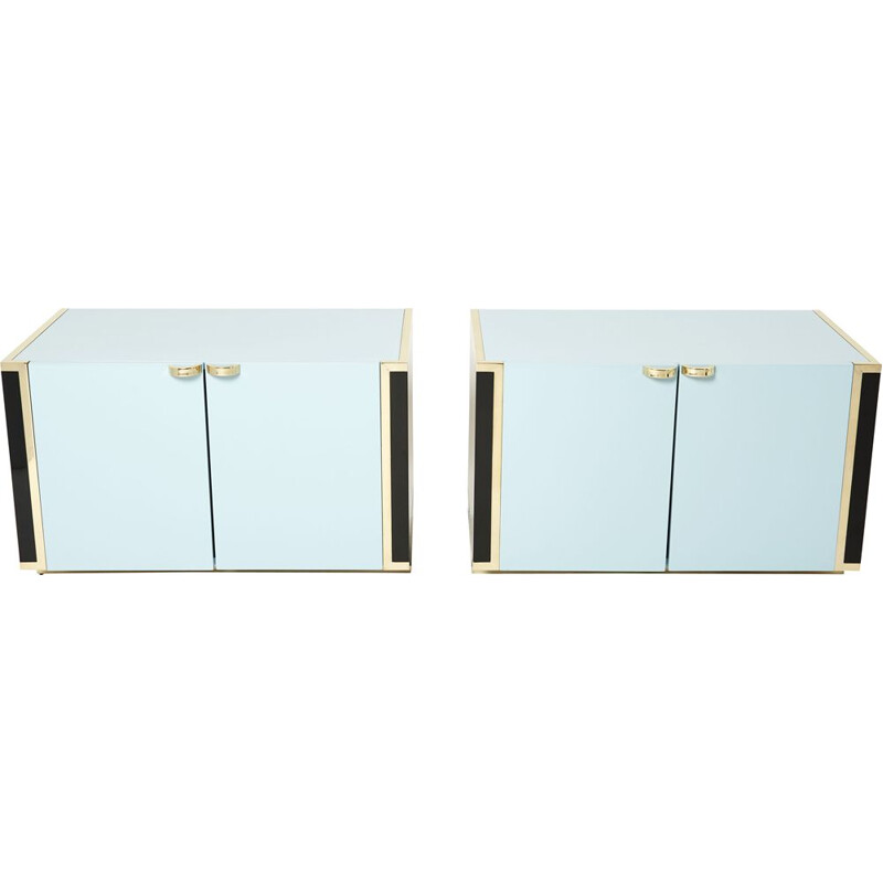 Pair of blue and black lacquered brass cabinets by J.C. Mahey, 1970s