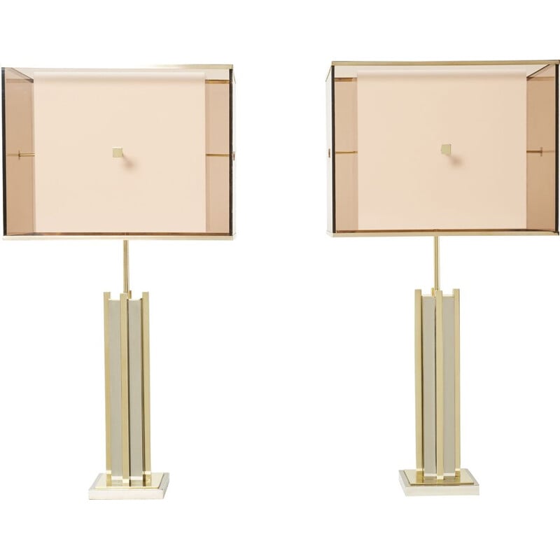 Pair of vintage brass and chrome plexiglass lamps by Romeo Rega, 1970s