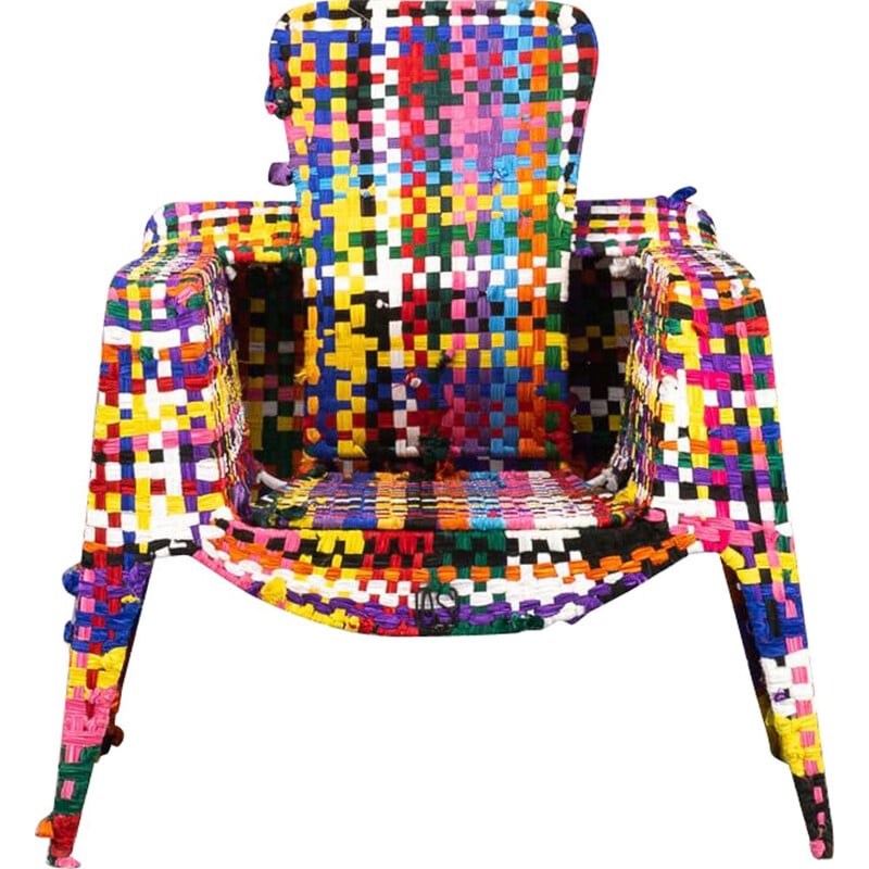 Vintage handmade metal and multicolor fabric armchair by Anacleto Spazzapan