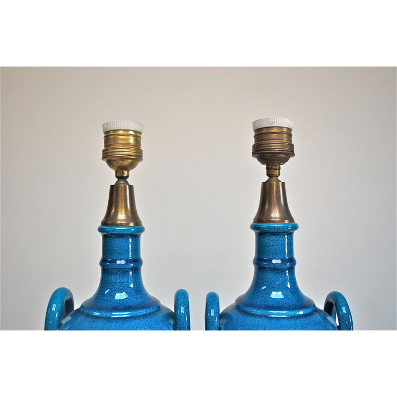 Pair of vintage urn-shaped table lamps in crackle blue glaze by Pol Chambost