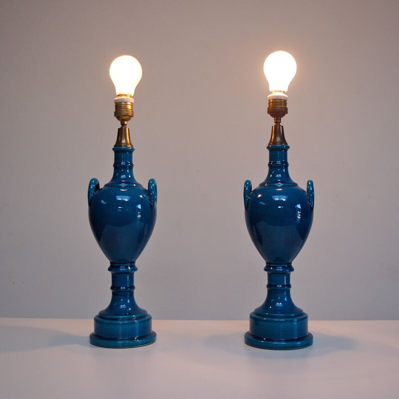 Pair of vintage urn-shaped table lamps in crackle blue glaze by Pol Chambost