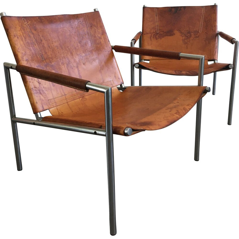 Pair of vintage leather armchairs by Martin Visser, 1960s
