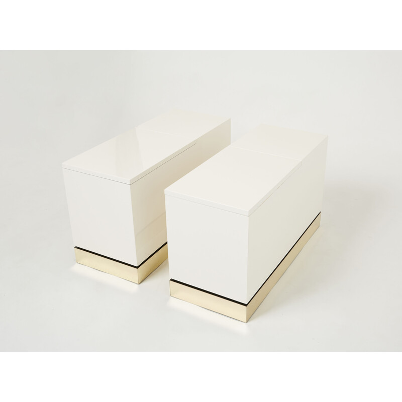 Pair of vintage white lacquered brass side tables by Jean-Claude Mahey for Romeo Paris, 1970