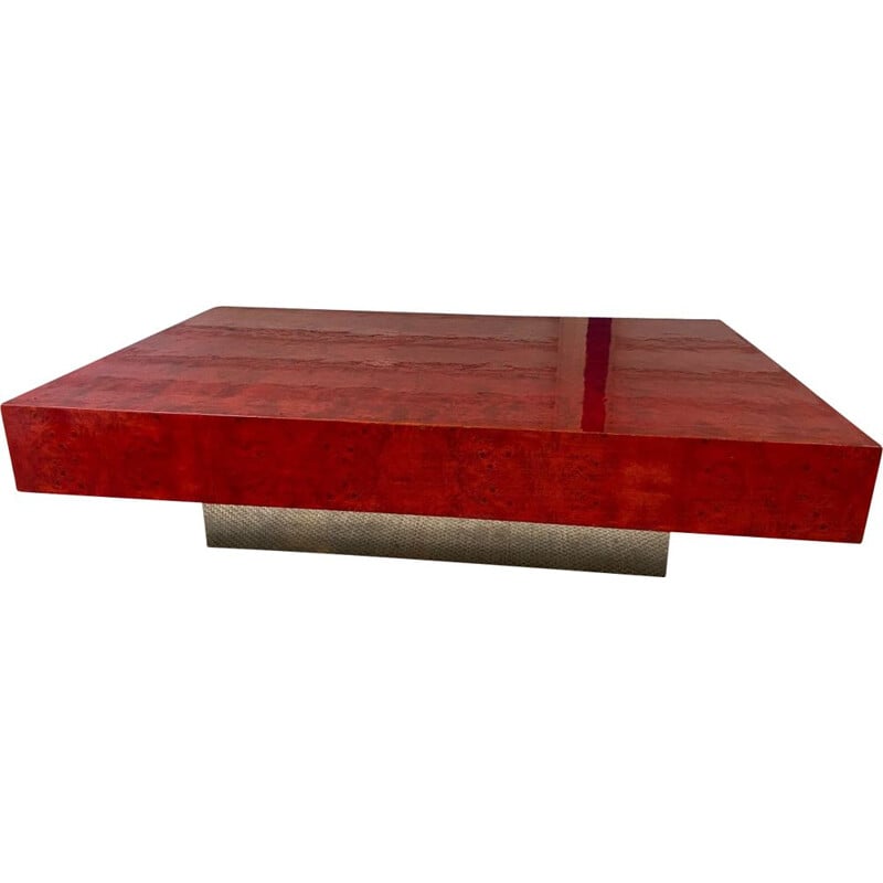 Vintage coffee table in red stained burr wood and aluminium By Willy Rizzo, 1970
