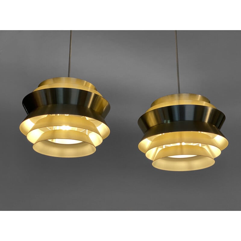 Pair of vintage pendant lamps "Trava" in golden aluminium by Carl Thore for Granhaga Metallindustri, Sweden 1960s