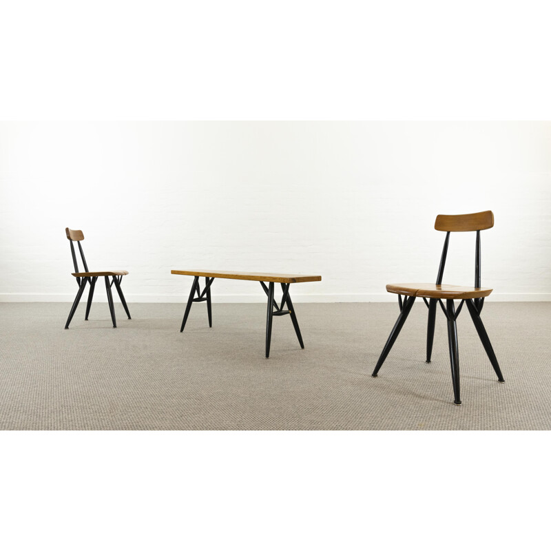 Set of 2 vintage Pirkka dining chairs and a bench by Ilmari Tapiovaara for Laukaan Puu