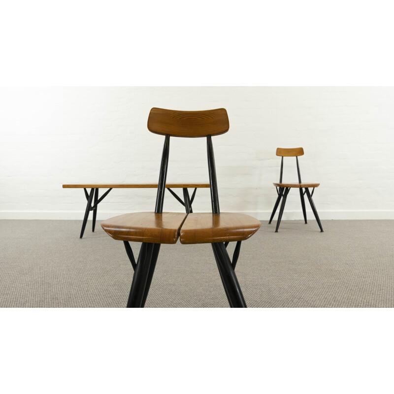 Set of 2 vintage Pirkka dining chairs and a bench by Ilmari Tapiovaara for Laukaan Puu