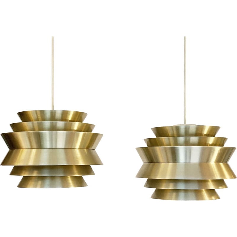 Pair of vintage pendant lamps "Trava" in golden aluminium by Carl Thore for Granhaga Metallindustri, Sweden 1960s